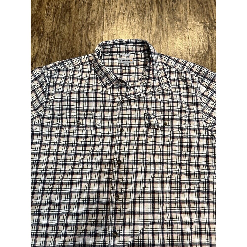 Carhartt Shirt Mens 2XL  Button Up Tan Blue Red Plaid Short Sleeve Pockets